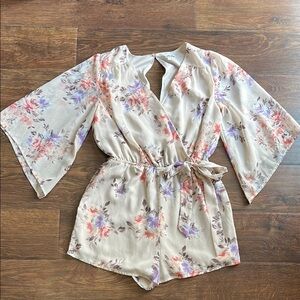 Charlotte Russe Floral Kimono Romper | Light Pink Romper | Low Cut Romper